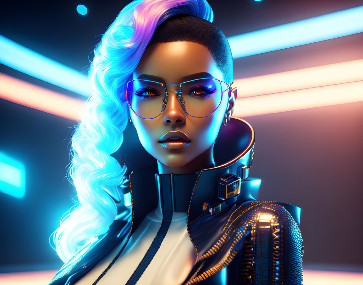 Digital portrait of woman with blue hair and glasses in neon-lit setting