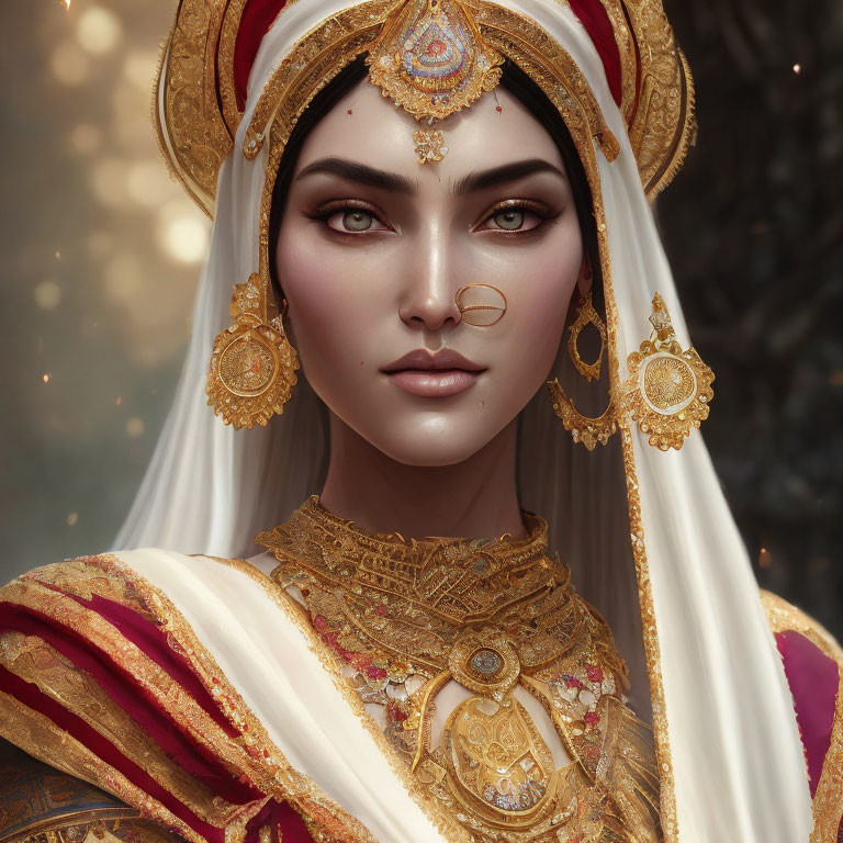 Regal character in traditional attire with gold jewelry and headdress on warm backdrop