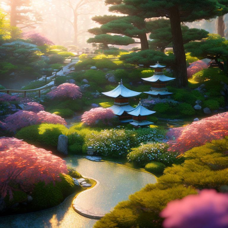 Japanese Garden with Pink Foliage, Lanterns, and Pagoda in Sunlight