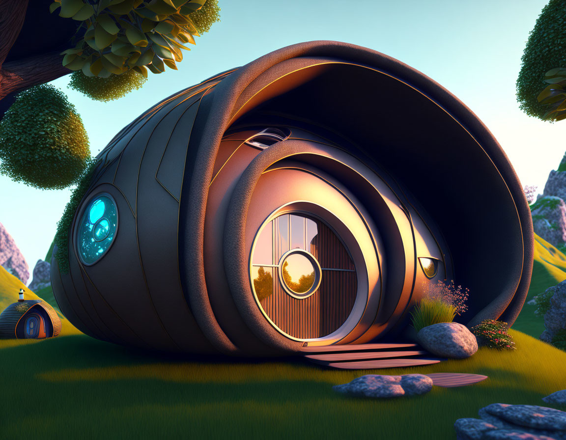 Futuristic snail-shaped house in vibrant, cartoonish landscape