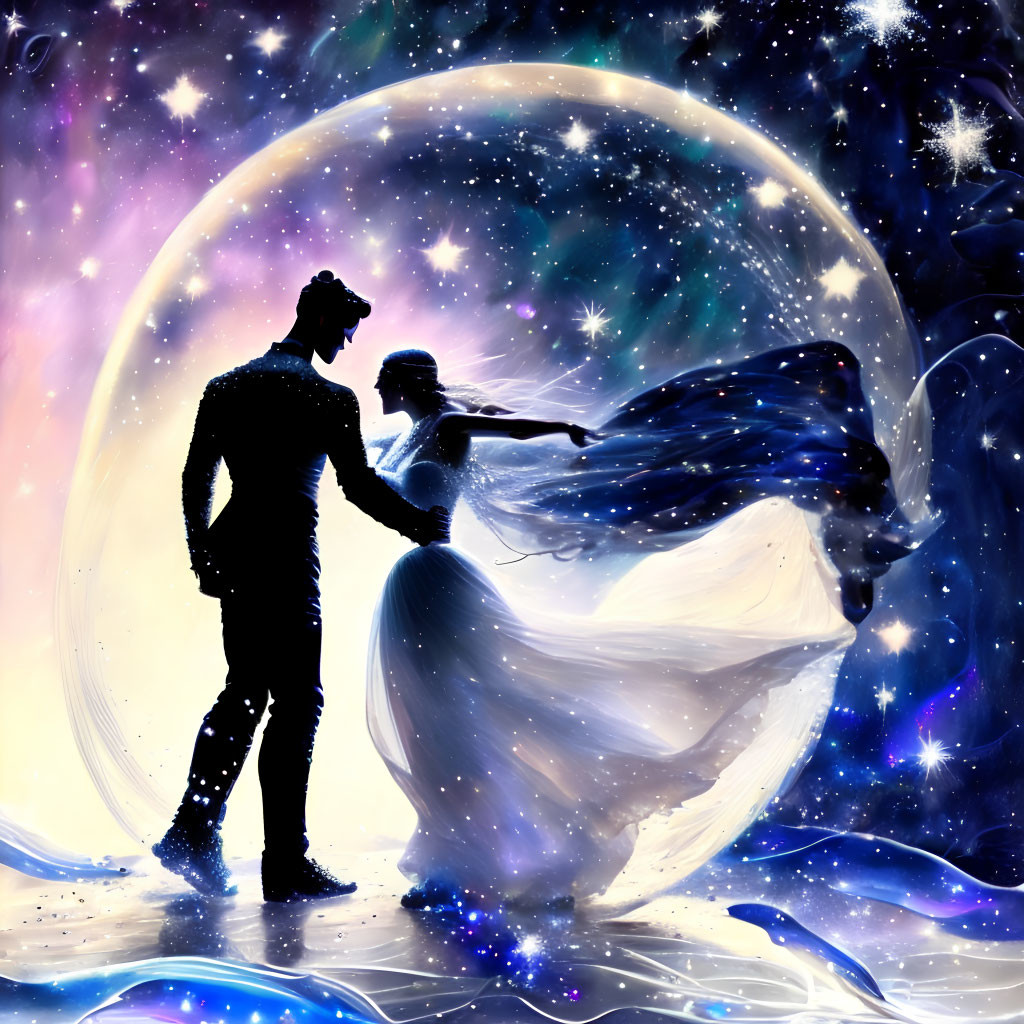 Silhouetted couple against cosmic backdrop with stars and moon