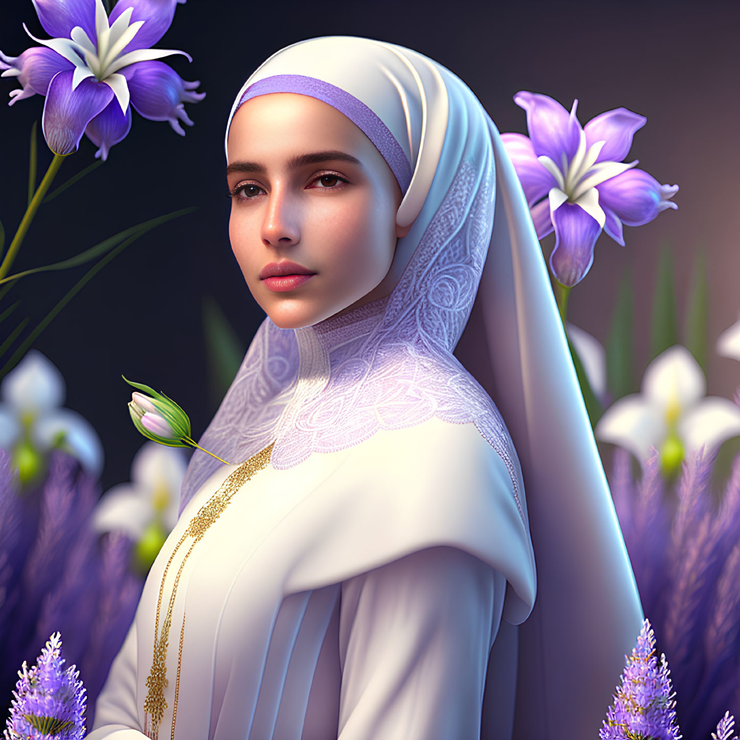 Serene woman in white hijab among purple flowers