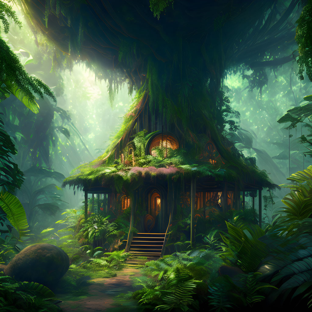 Enchanting Treehouse in Lush, Mystical Forest