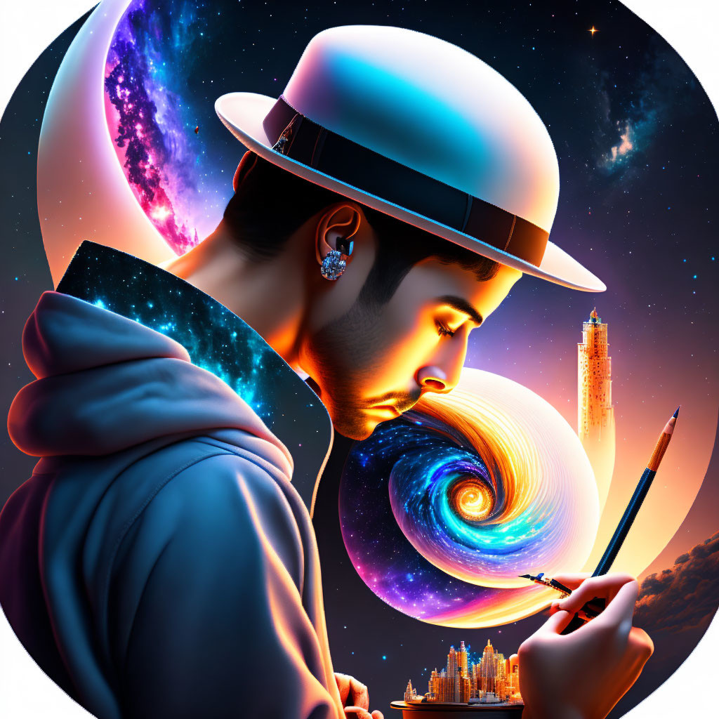 Man Drawing Colorful Galaxy Swirl in Cosmic Cityscape