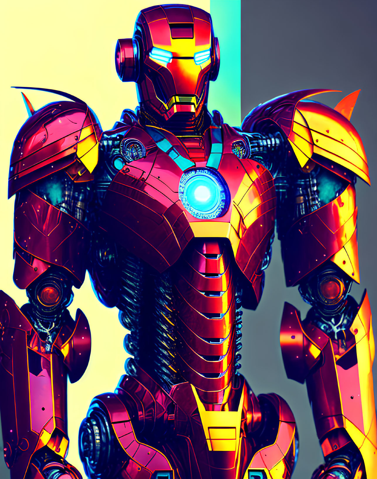 Colorful Illustration of Human-Like Robot with Arc Reactor and Knight-Like Armor