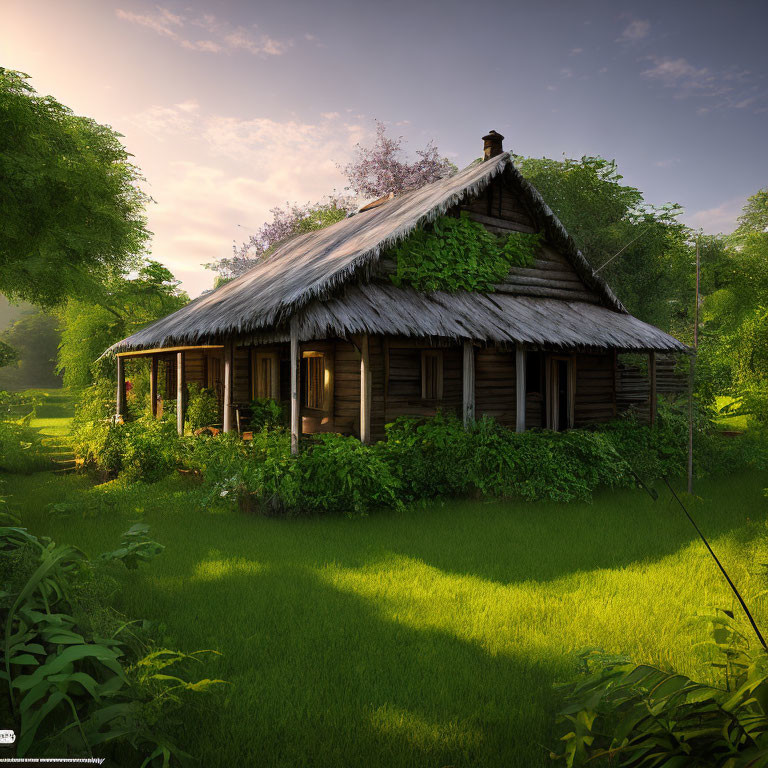 Serene old wooden cottage in lush greenery under gentle sunlight