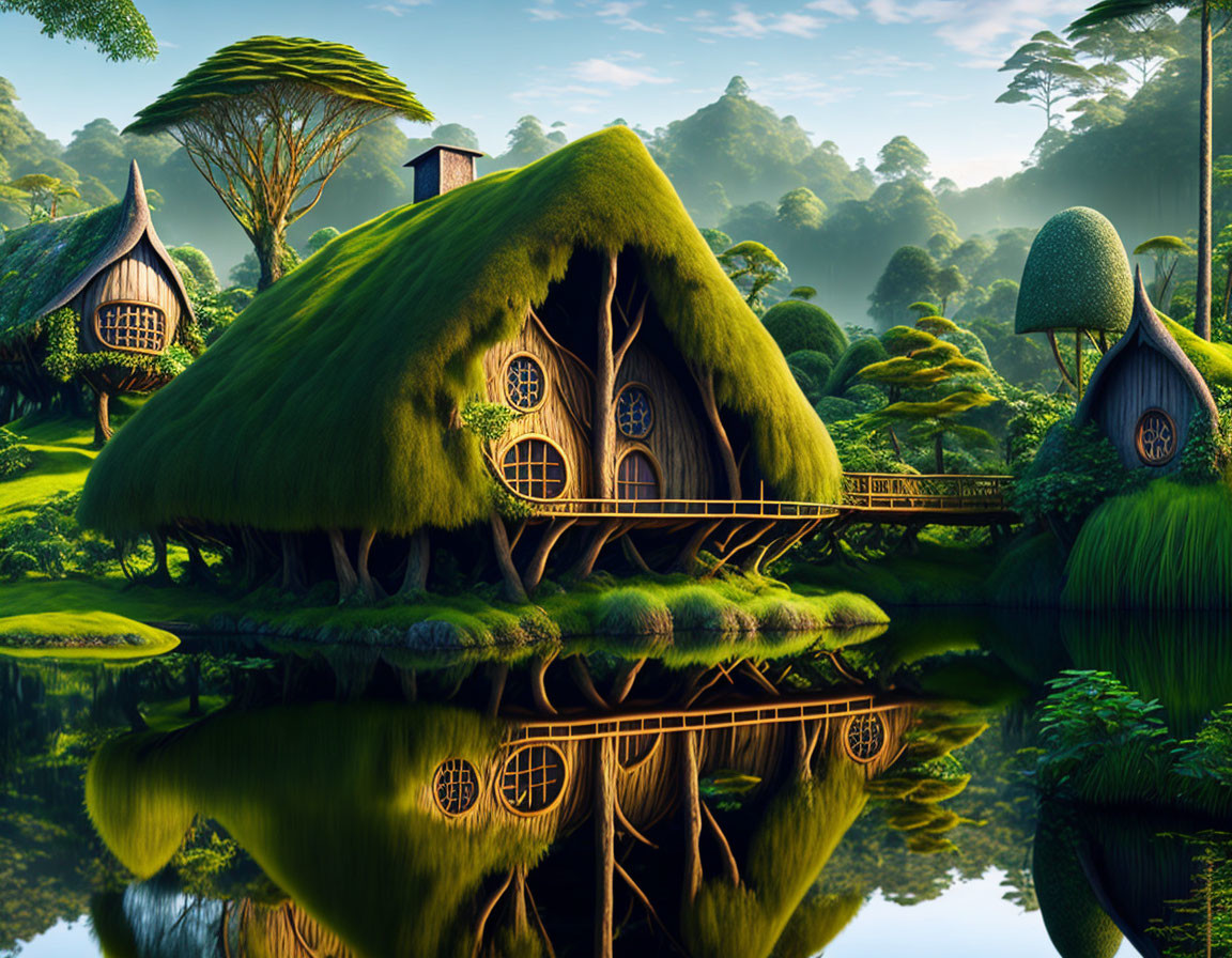 Whimsical grass-roofed houses in lush fantasy landscape