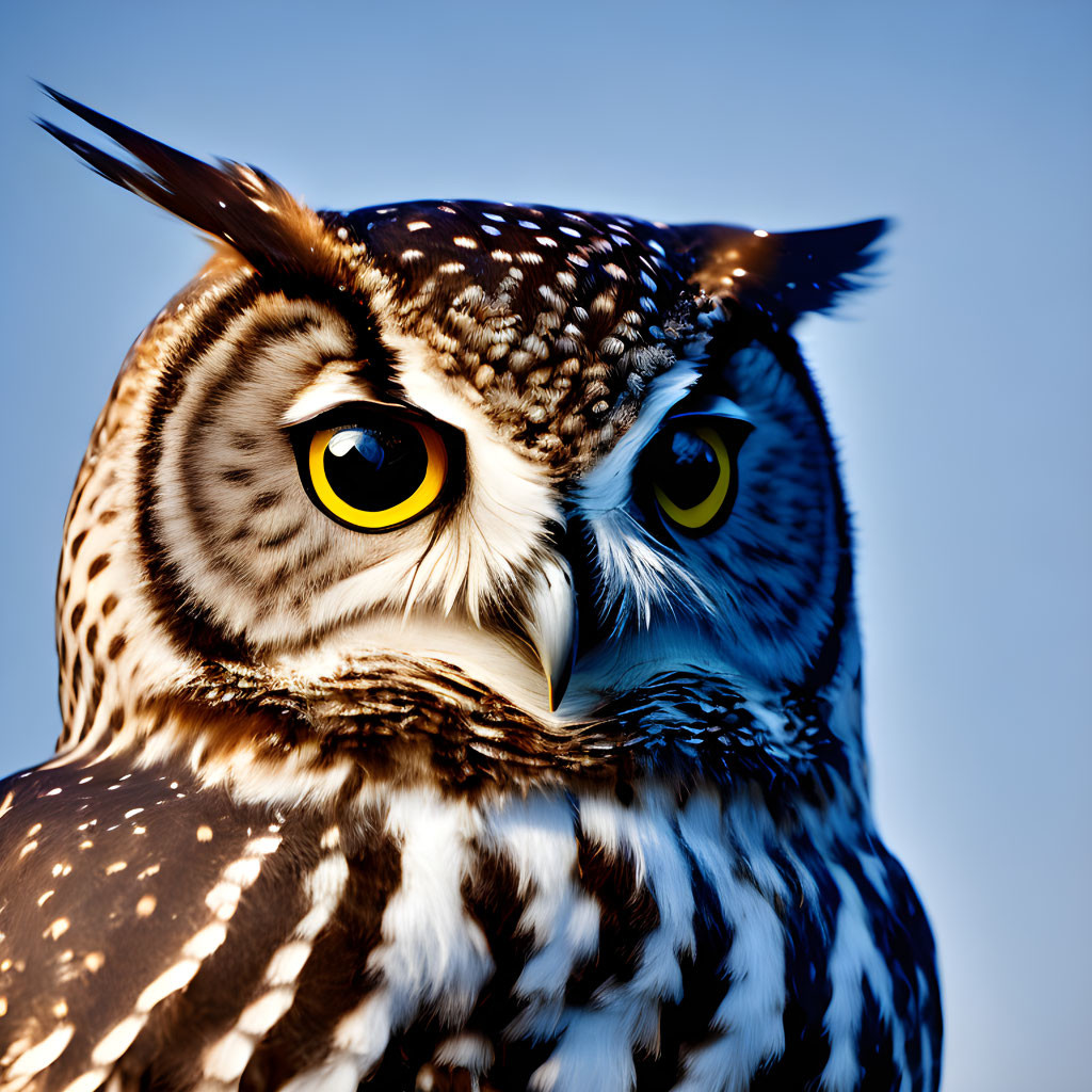 Great Horned Owl Close-Up with Yellow Eyes and Brown/White Plumage against Blue Sky