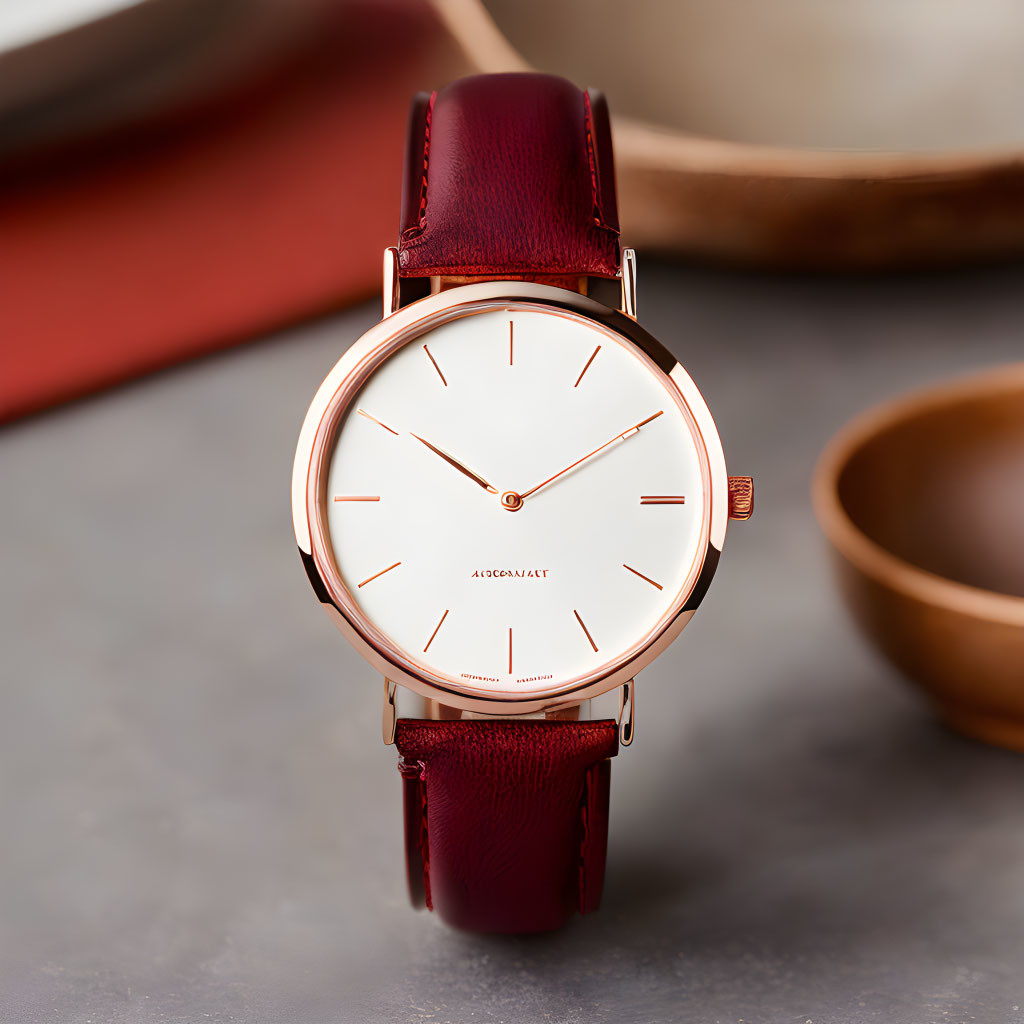 Rose Gold Watch with White Dial and Red Leather Strap on Grey Surface with Leather Pouch and Ceramic Bow