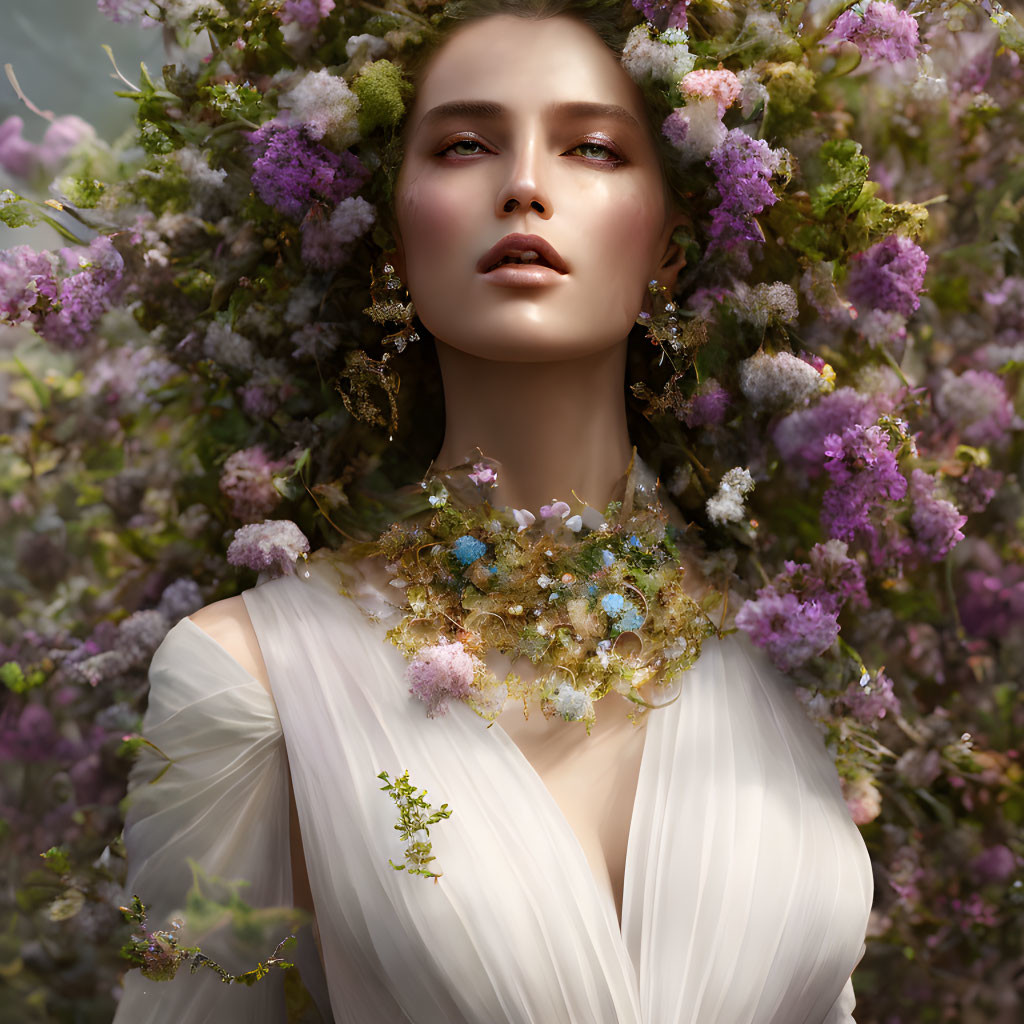 Ethereal woman in white dress with floral wreath and necklace