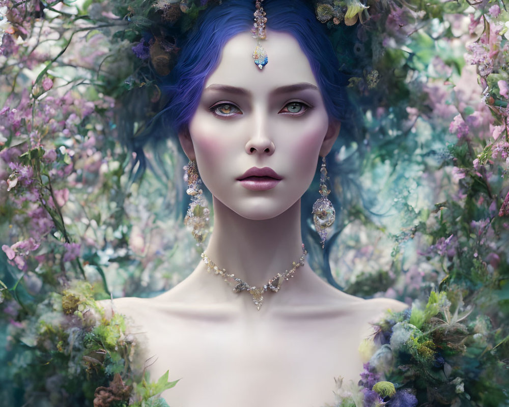 Portrait of woman with blue hair, vibrant skin, floral crown, and intricate jewelry in fantastical setting