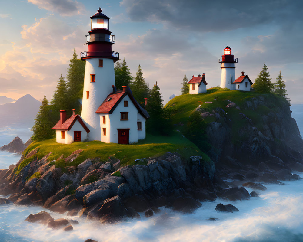 Scenic sunset view of three lighthouses on rocky outcrops by the sea