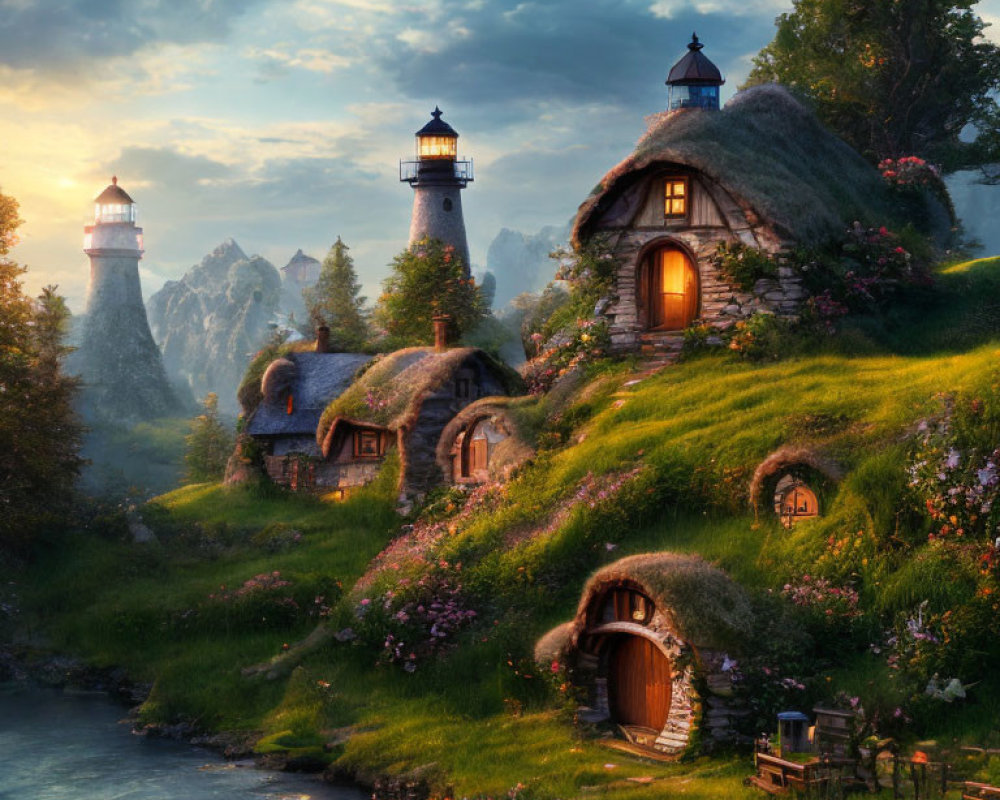 Tranquil fantasy landscape with thatched cottages, river, and twin lighthouses at twilight