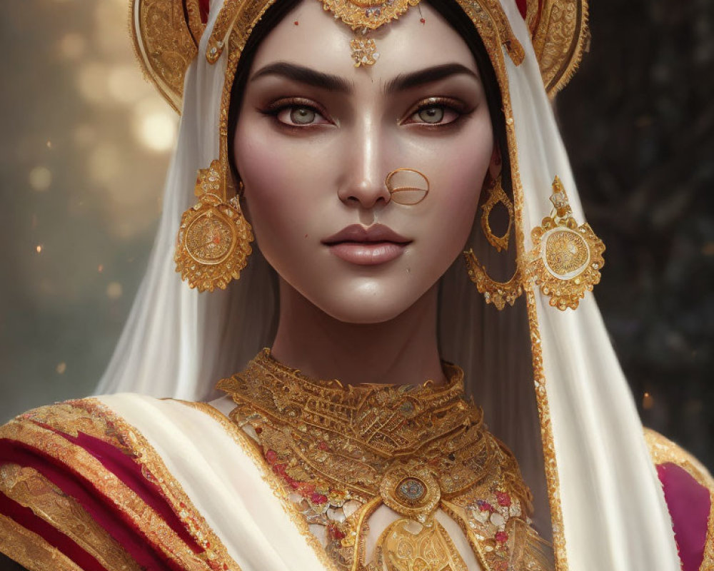 Regal character in traditional attire with gold jewelry and headdress on warm backdrop