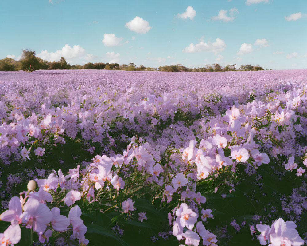 Pink Flowers Blooming in Vast Field Under Blue Sky