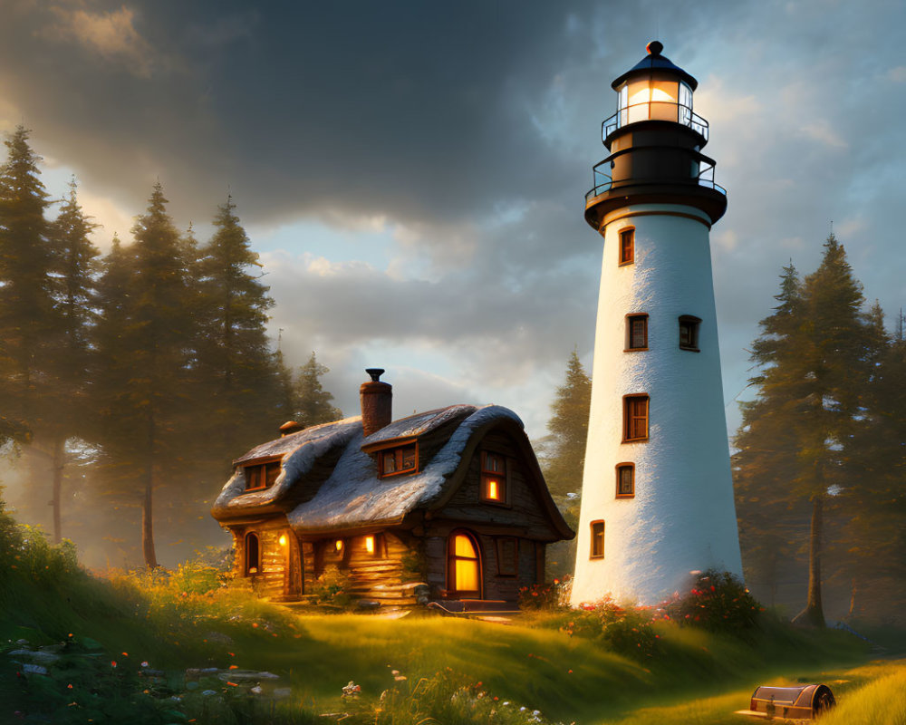 Lighthouse and Cottage Surrounded by Trees Under Dramatic Sky