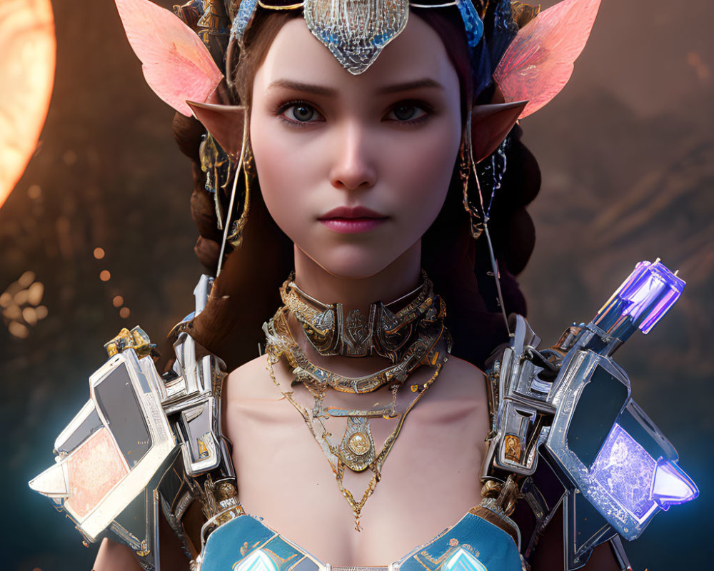 Fantasy digital art portrait of female elf in intricate armor with tech details