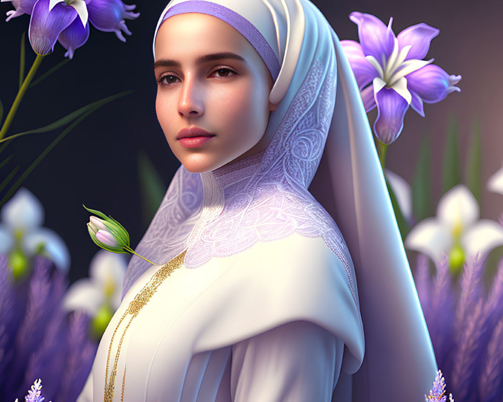 Serene woman in white hijab among purple flowers