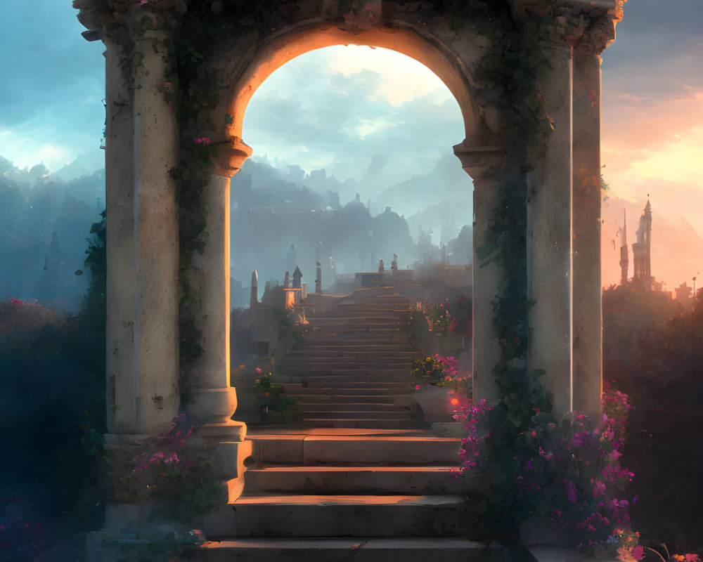 Stone archway covered in vines and flowers, staircase to misty mountains landscape