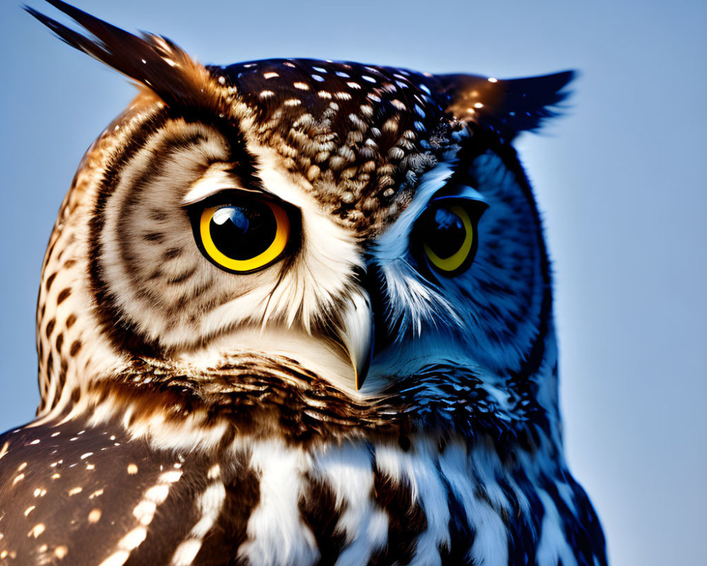 Great Horned Owl Close-Up with Yellow Eyes and Brown/White Plumage against Blue Sky