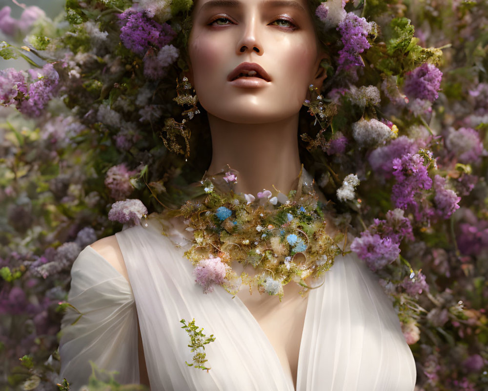 Ethereal woman in white dress with floral wreath and necklace