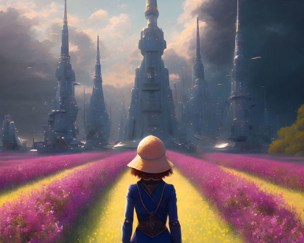 Person in Blue Coat and Straw Hat in Field of Purple Flowers with Futuristic Spires and Dramatic