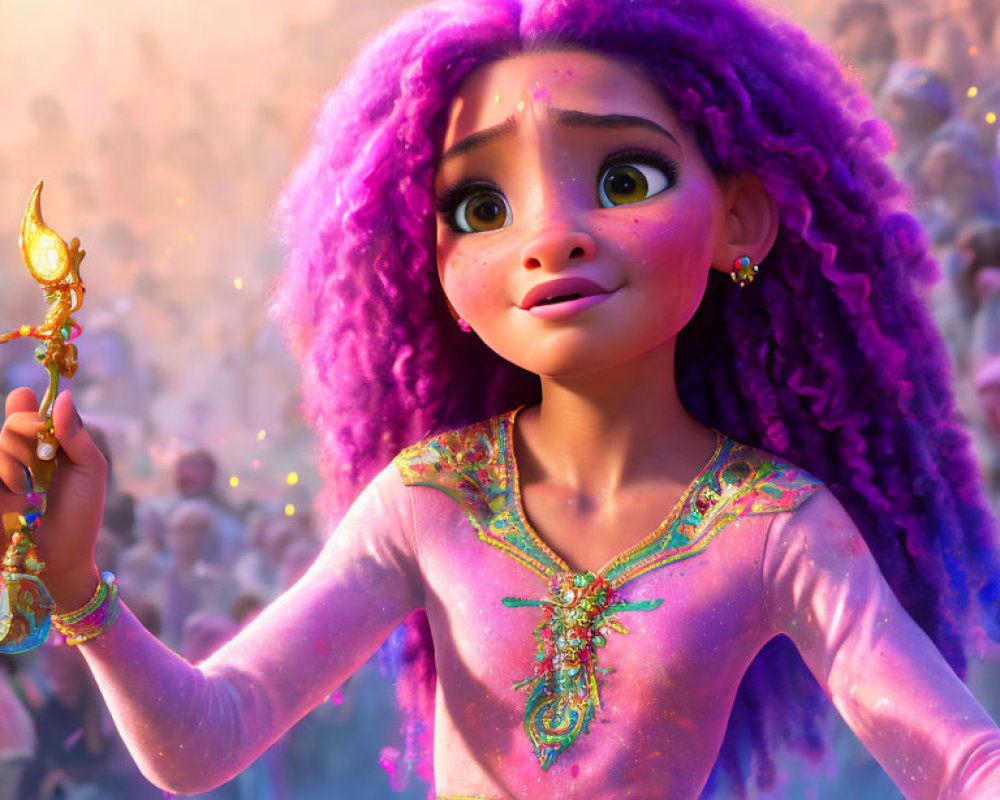 Vibrant purple-haired animated girl holds golden artifact in jubilant crowd