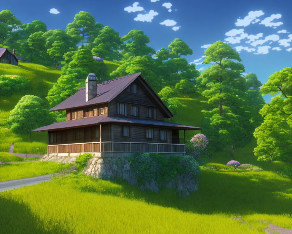 Tranquil digital art: Two-story house in green meadow