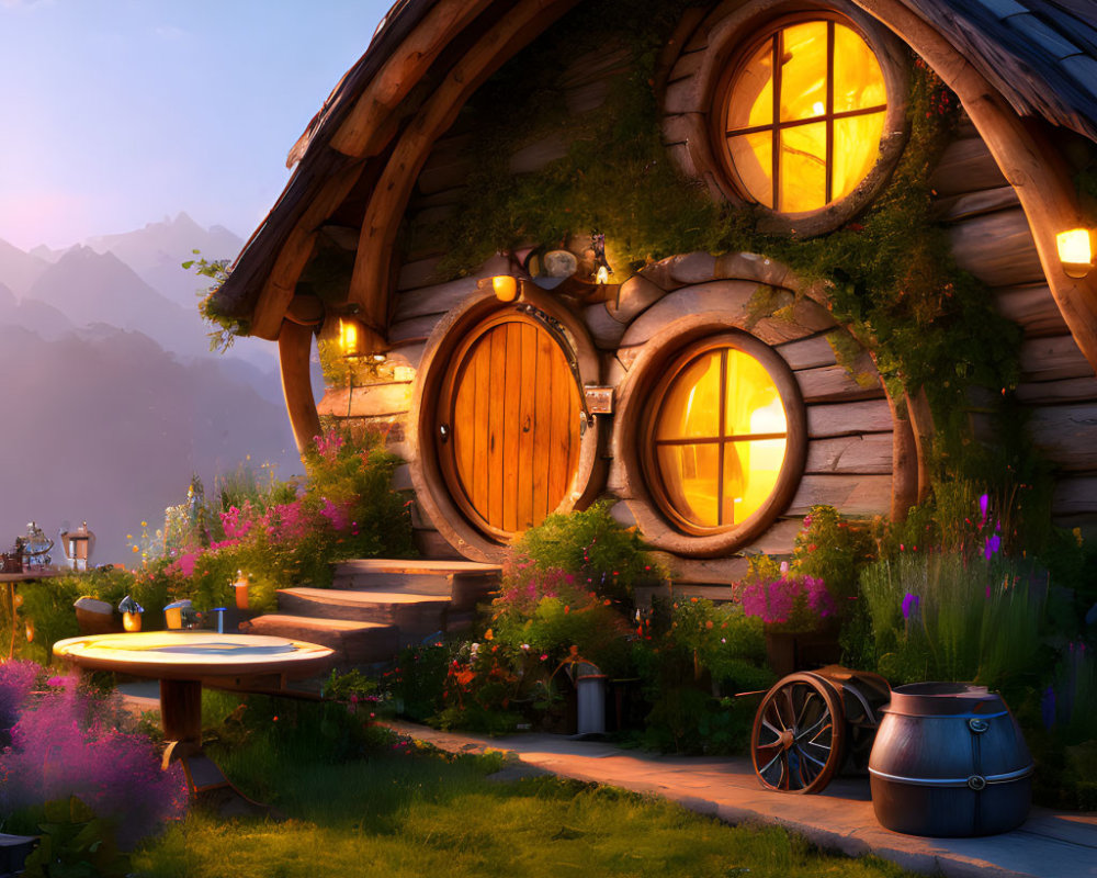 Round-doored cottage at sunset with glowing windows, garden, and mountain backdrop