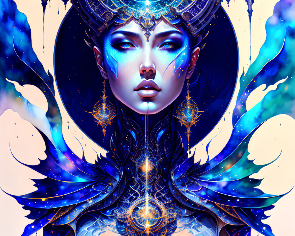 Mystical female figure with blue and gold headpiece in cosmic setting