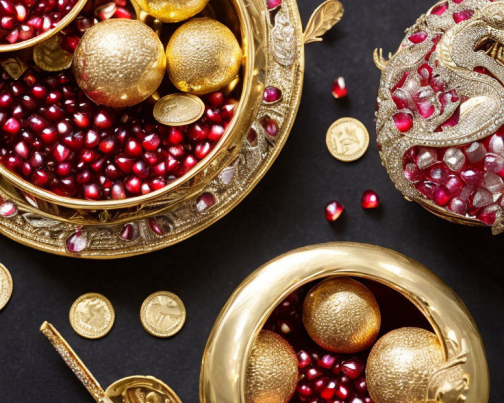 Luxurious golden ornaments and red beads in decorative brass bowls on a dark backdrop, representing opulence and