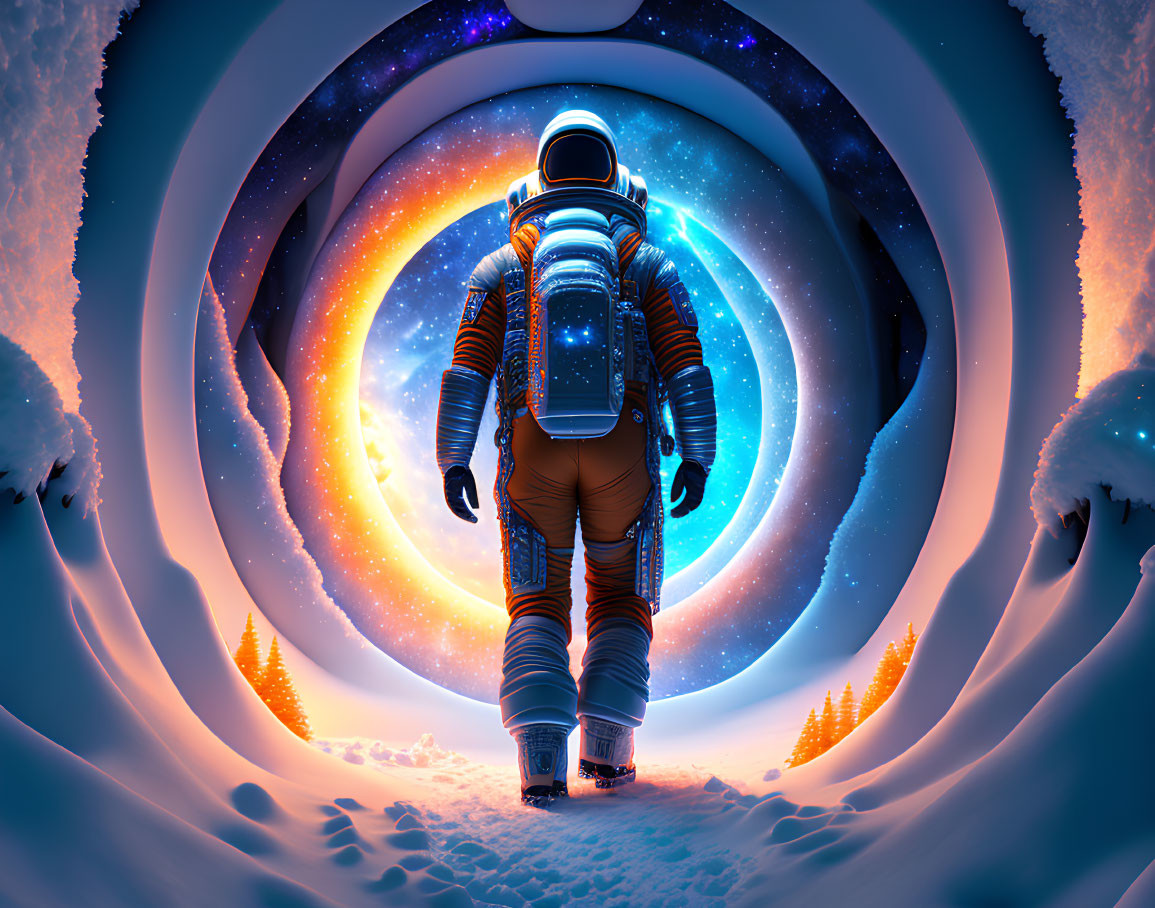 Astronaut at cosmic portal with spiral galaxy, snowy cliffs, and twilight sky