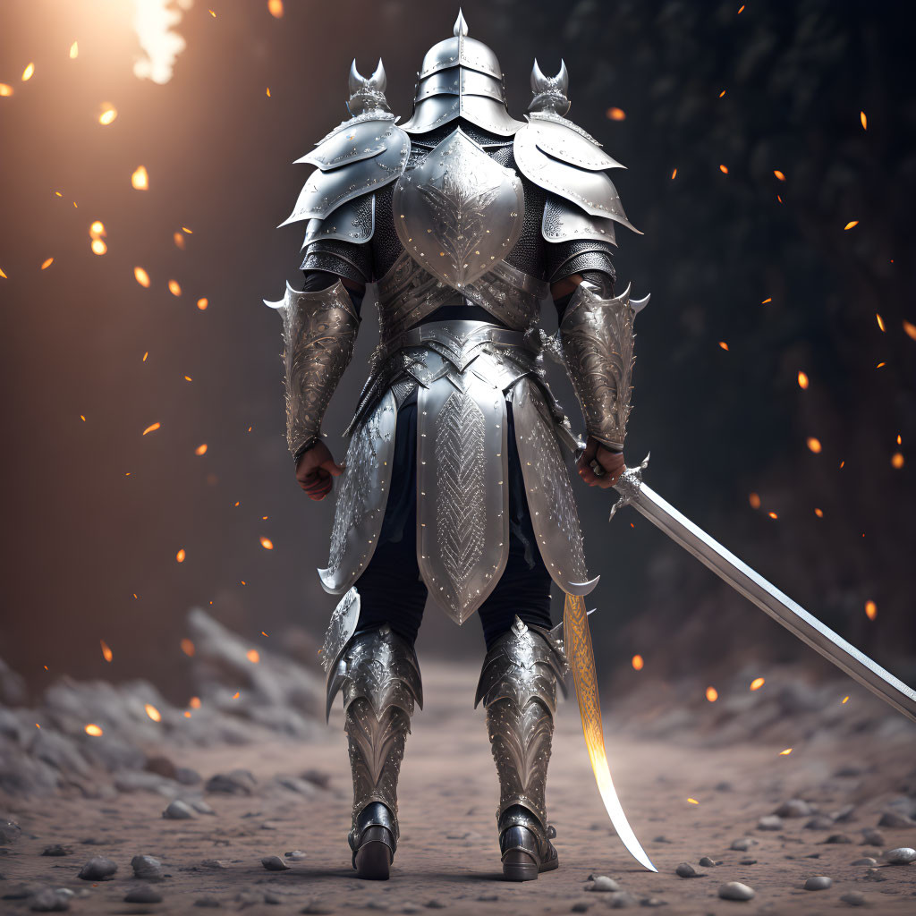 Ornate armored knight with drawn sword in fiery battlefield