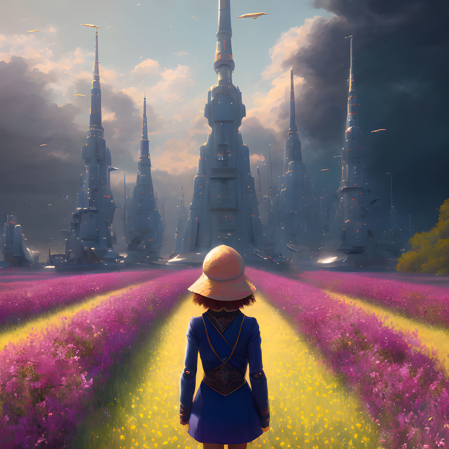 Person in Blue Coat and Straw Hat in Field of Purple Flowers with Futuristic Spires and Dramatic