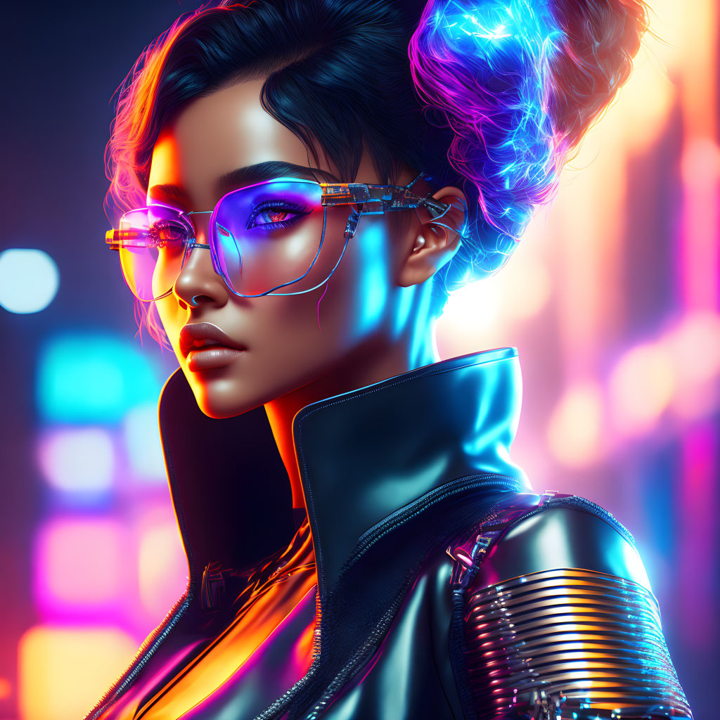 Vibrant digital portrait of woman with neon-lit glasses and sleek black jacket