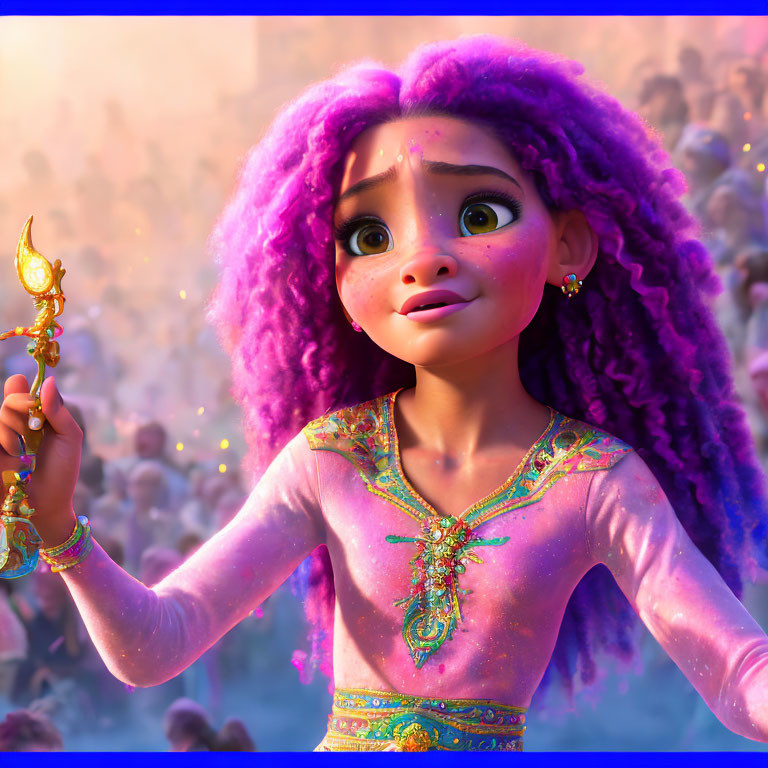 Vibrant purple-haired animated girl holds golden artifact in jubilant crowd