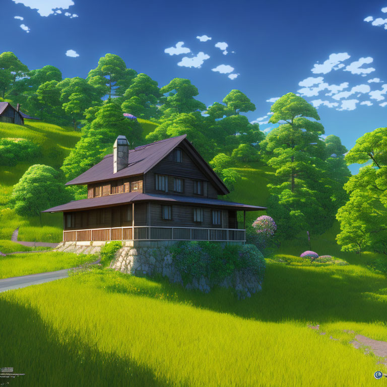 Tranquil digital art: Two-story house in green meadow