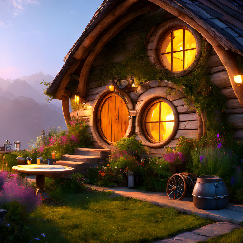 Round-doored cottage at sunset with glowing windows, garden, and mountain backdrop