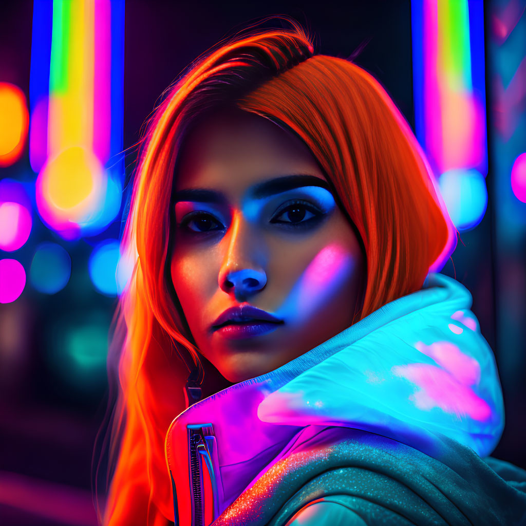 Vibrant orange-haired woman under neon lights in cityscape at night