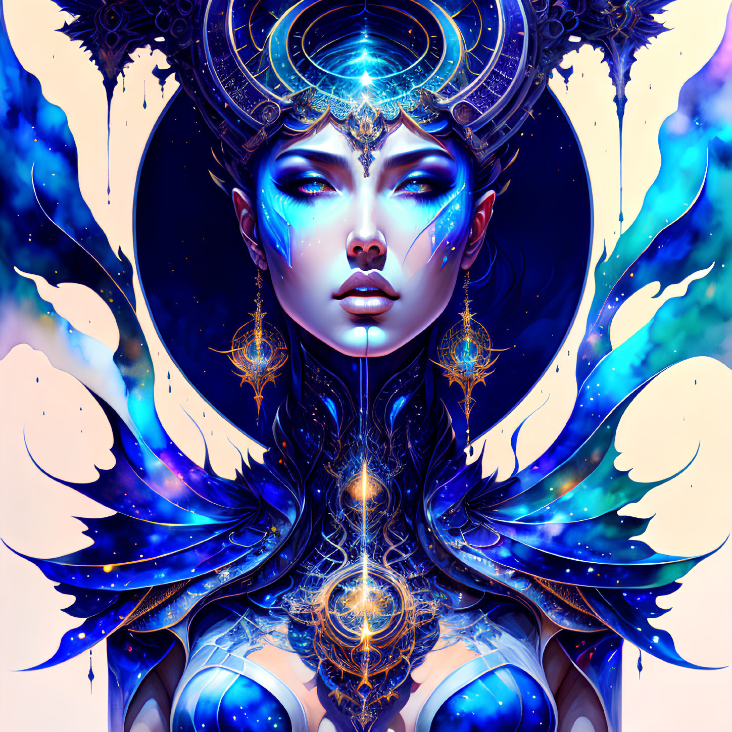 Mystical female figure with blue and gold headpiece in cosmic setting