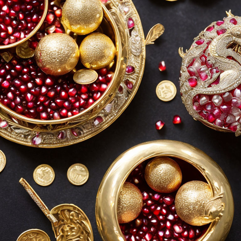 Luxurious golden ornaments and red beads in decorative brass bowls on a dark backdrop, representing opulence and