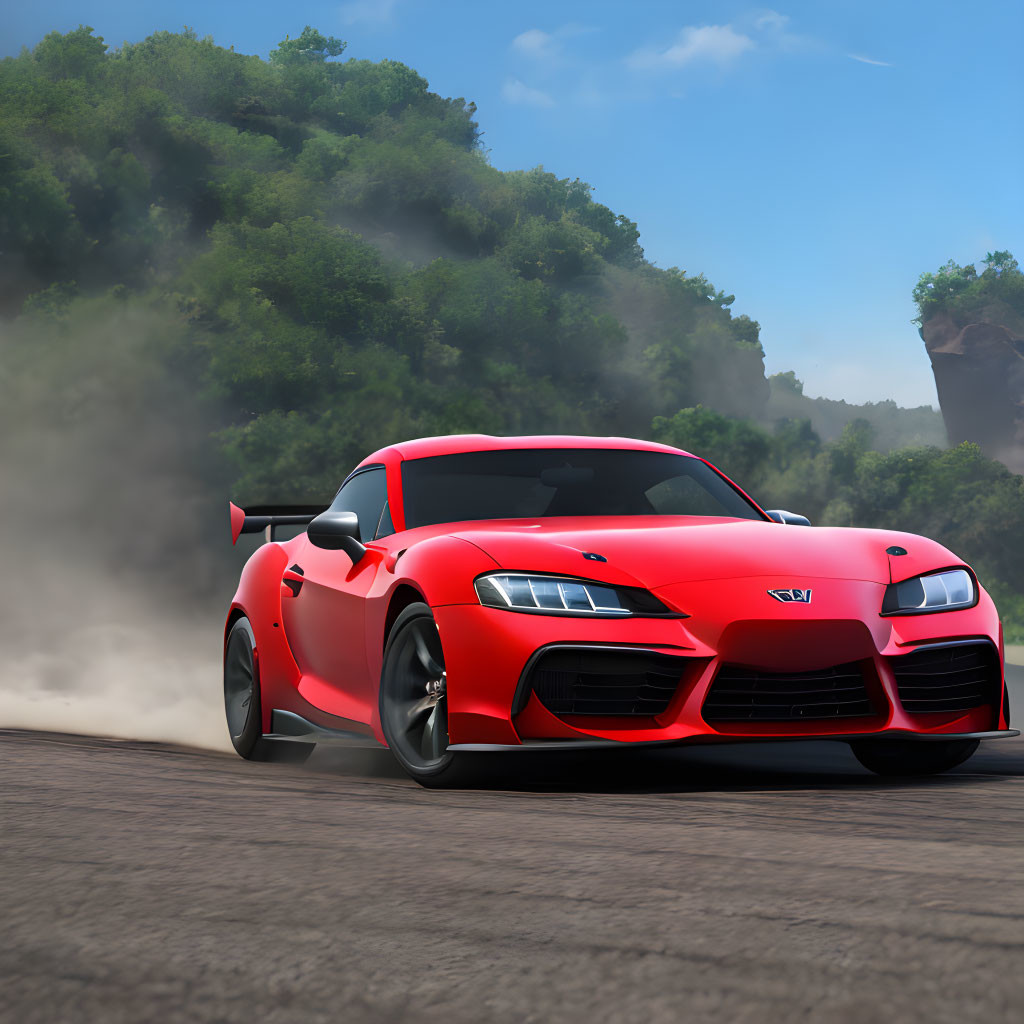 Red sports car with aggressive styling speeding on dusty road among trees and cliffs