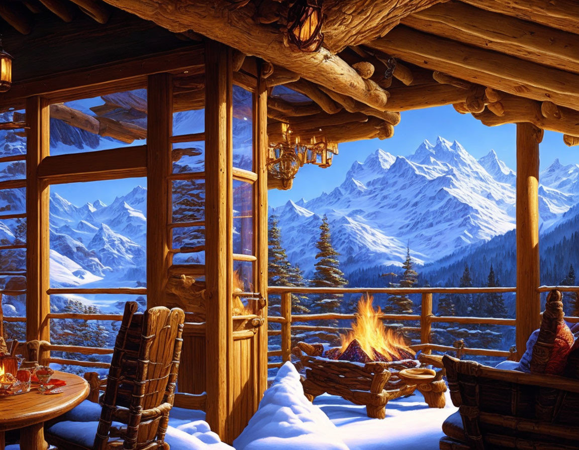 Snowy Mountain Cabin Interior with Fireplace and Scenic View