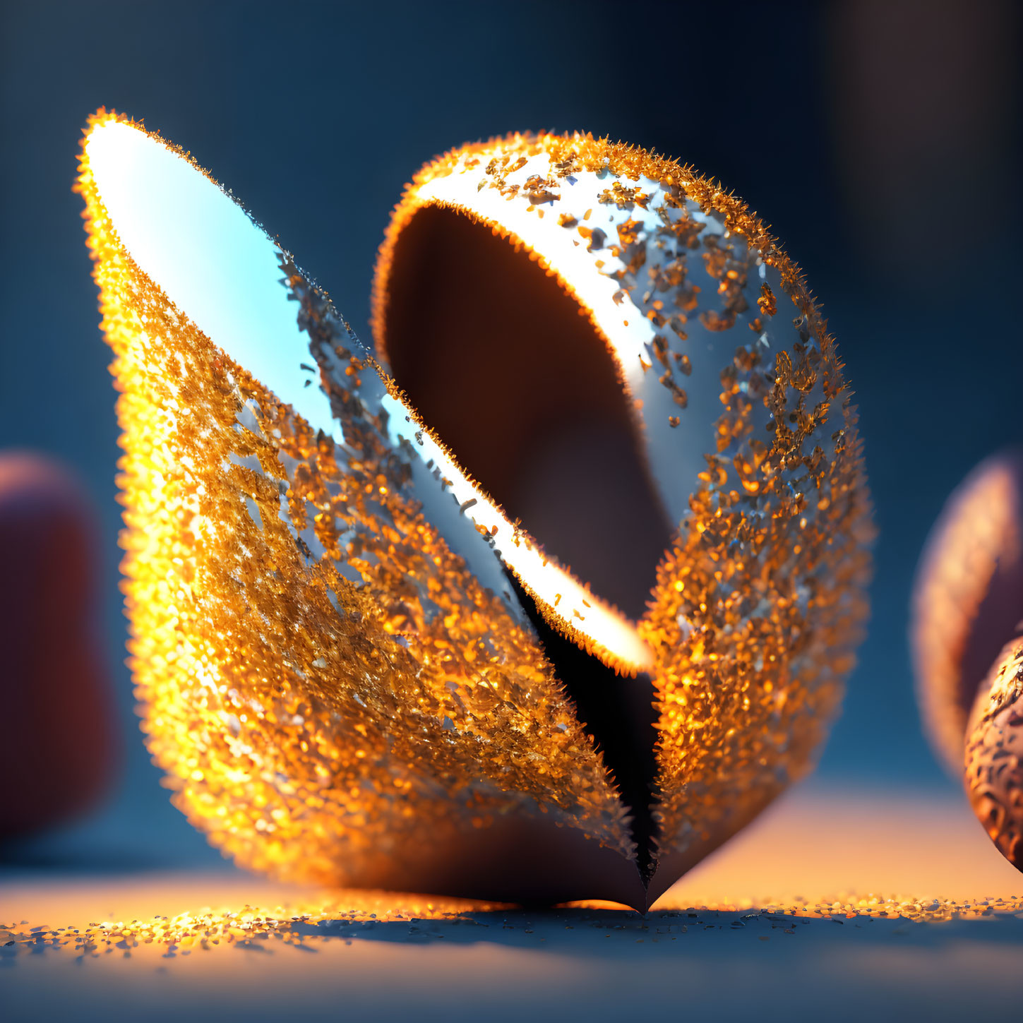 Golden textured egg with glowing interior on blue background surrounded by similar objects