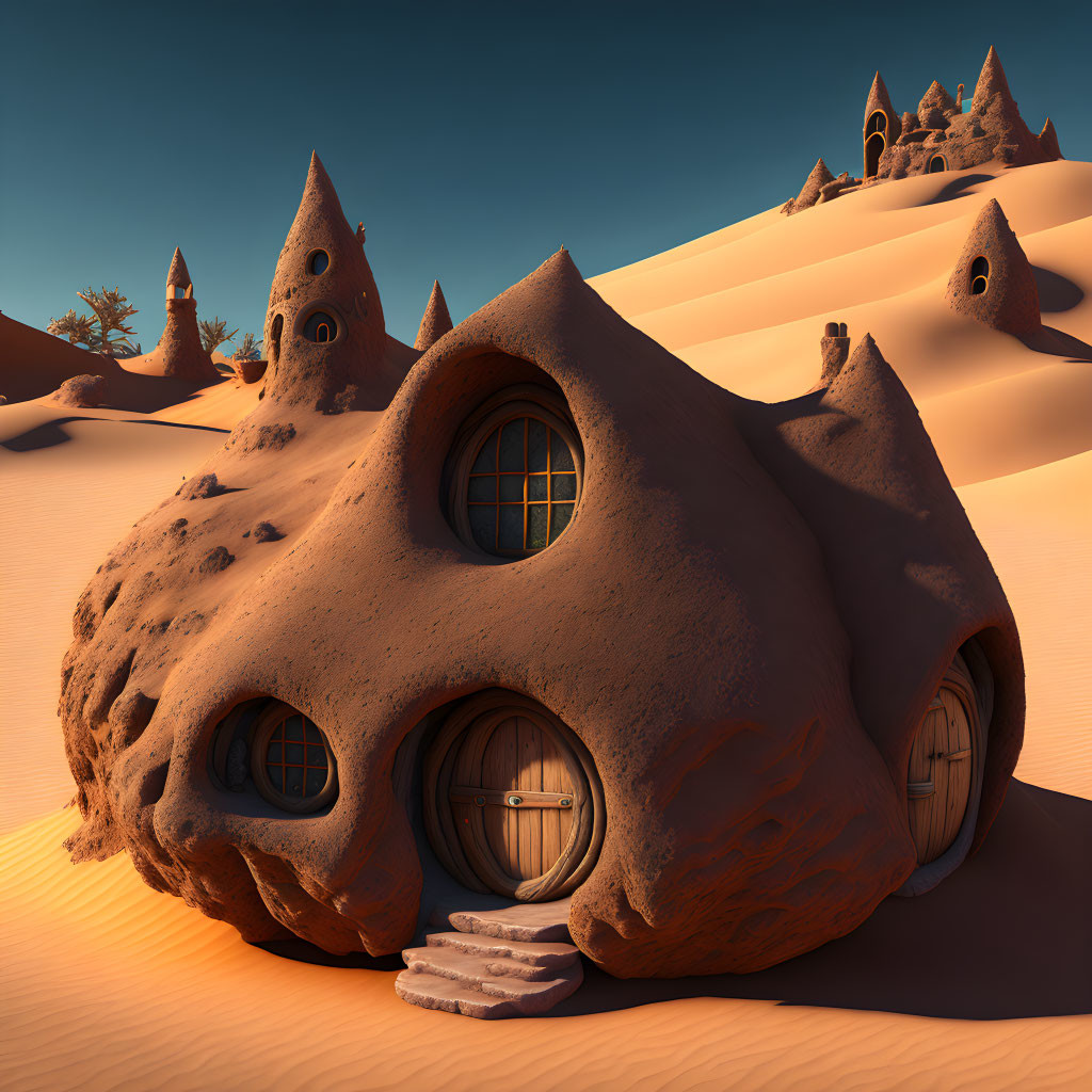 Fantasy clay houses with round doors in desert landscape