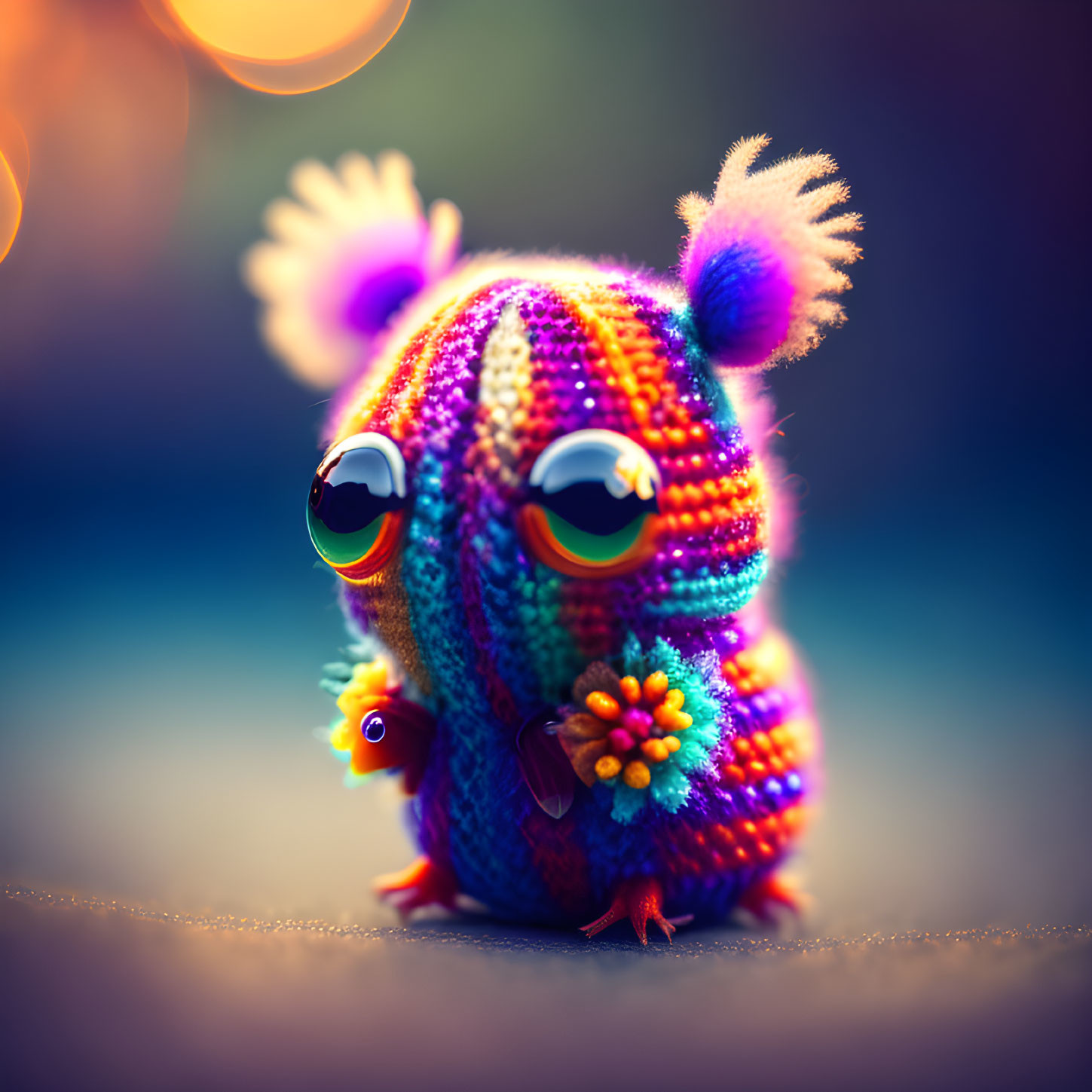 Colorful Knitted Creature with Glossy Eyes and Decorative Flowers alongside Small Companion