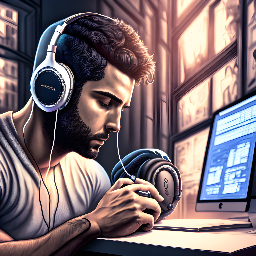 Man in Headphones Working at Desk with Computer Screens in Dimly Lit Room