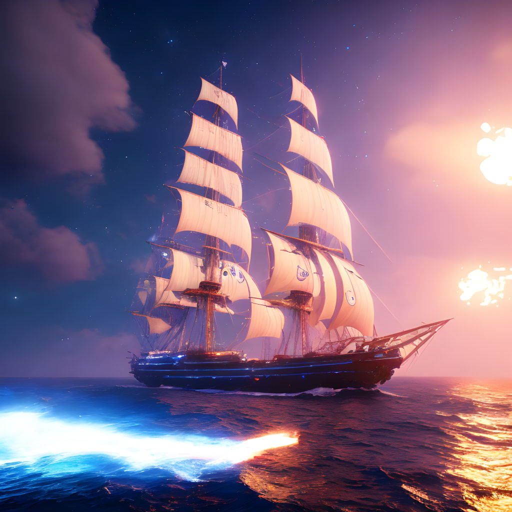 Majestic sailing ship on ocean at sunset with bioluminescent waves