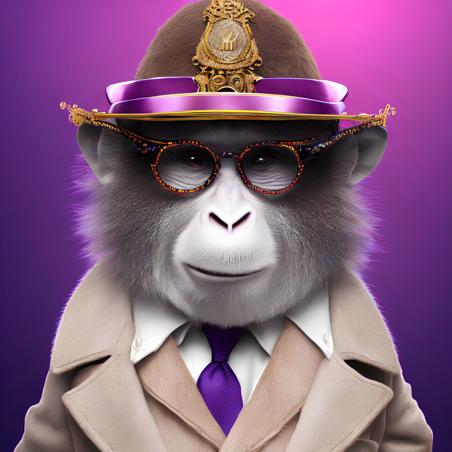 Stylish baboon in hat, glasses, coat & tie on purple background