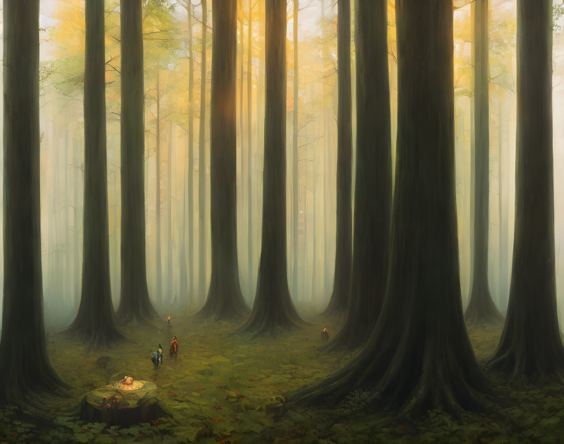 Tranquil forest scene with tall trees and figure in clearing